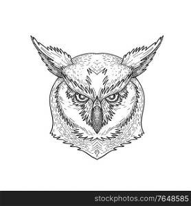 Black and white drawing sketch style illustration of a head of an angry and aggressive great horned owl, tiger owl or the hoot owl viewed from front on isolated background.. Head of Angry Great Horned Owl Tiger Owl or Hoot Owl Front Black and White Drawing