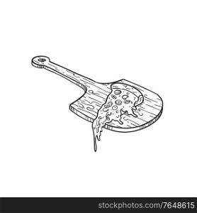 Black and white drawing sketch style illustration of a wooden pizza paddle board or peel with pizza slice and melting or melted cheese viewed from a high angle on isolated background.. Wooden Pizza Paddle Board or Peel with Pizza Slice and Melting Cheese Drawing Black and White