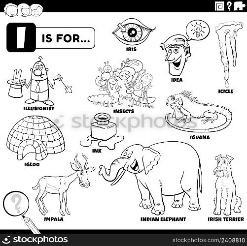 Black and white educational cartoon illustration for children with comic characters and objects set for letter I coloring book page