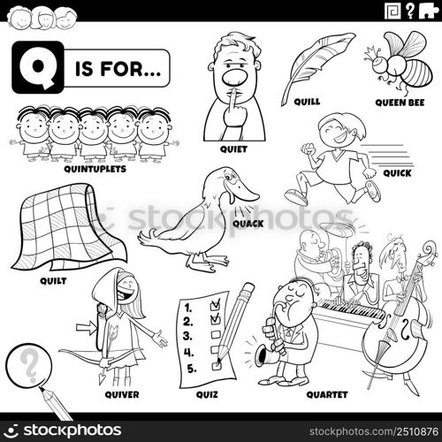 Black and white educational cartoon illustration for children with comic characters and objects set for letter Q coloring book page