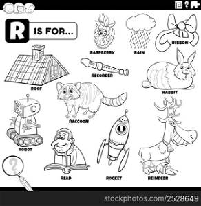 Black and white educational cartoon illustration for children with comic characters and objects set for letter R coloring book page