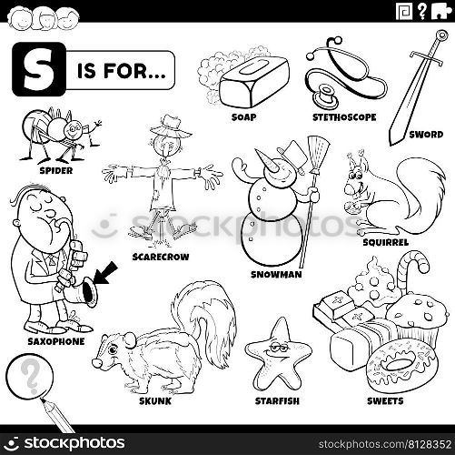 Black and white educational cartoon illustration for children with comic characters and objects set for letter S coloring book page