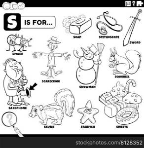 Black and white educational cartoon illustration for children with comic characters and objects set for letter S coloring book page