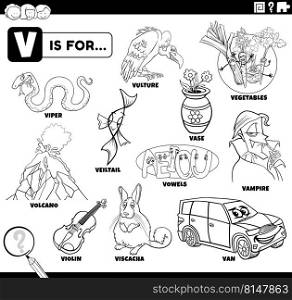 Black and white educational cartoon illustration for children with comic characters and objects set for letter V coloring page