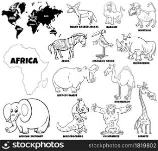 Black and white educational cartoon illustration of African animal characters set and world map with continents shapes coloring book page