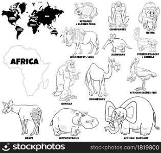 Black and white educational cartoon illustration of African animal species set and world map with continents shapes coloring book page