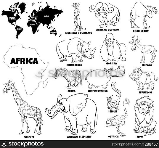 Black and White Educational Cartoon Illustration of African Animals Set and World Map with Continents Shapes Coloring Book Page
