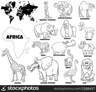 Black and White Educational Cartoon Illustration of African Animals Set and World Map with Continents Shapes Coloring Book Page