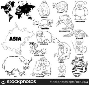 Black and white educational cartoon illustration of Asian animal species set and world map with continents shapes coloring book page