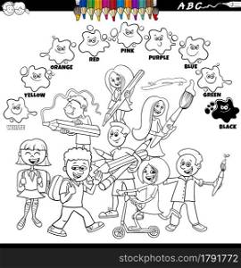 Black and white educational cartoon illustration of basic colors for children with group of pupils or students of elementary school coloring book page
