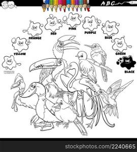 Black and white educational cartoon illustration of basic colors with birds animal characters group coloring book page