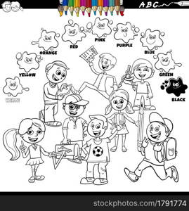 Black and white educational cartoon illustration of basic colors with pupils children group coloring book page