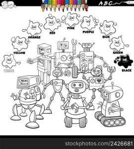 Black and white educational cartoon illustration of basic colors with robot characters group coloring book page