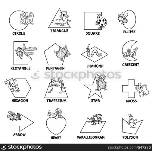 Black and White Educational Cartoon Illustration of Basic Geometric Shapes with Captions and Insects Animal Characters for Children