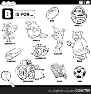 Black and white educational cartoon illustration of comic characters and objects starting with letter B set for children coloring book page