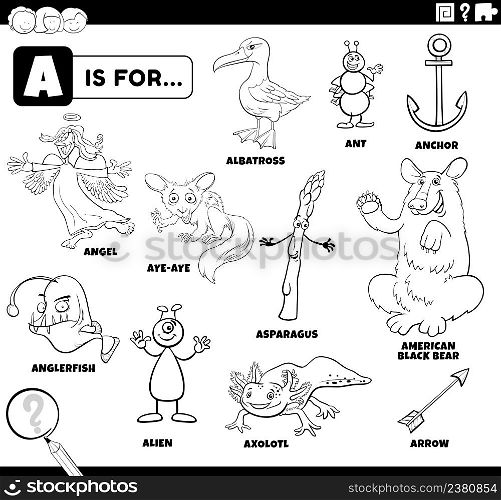 Black and white educational cartoon illustration of comic characters and objects starting with letter A set for children coloring book page