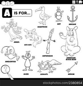 Black and white educational cartoon illustration of comic characters and objects starting with letter A set for children coloring book page