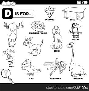 Black and white educational cartoon illustration of comic characters and objects starting with letter D set for children coloring book page