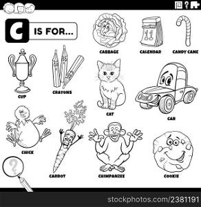 Black and white educational cartoon illustration of comic characters and objects starting with letter C set for children coloring book page