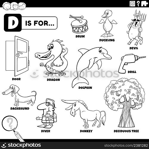 Black and white educational cartoon illustration of comic characters and objects starting with letter D set for children coloring book page