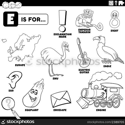 Black and white educational cartoon illustration of comic characters and objects starting with letter E set for children coloring book page