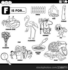 Black and white educational cartoon illustration of comic characters and objects starting with letter F set for children coloring book page