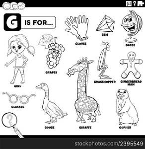Black and white educational cartoon illustration of comic characters and objects starting with letter G set for children coloring book page