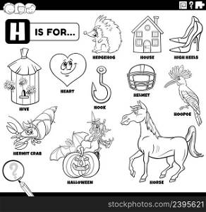 Black and white educational cartoon illustration of comic characters and objects starting with letter H set for children coloring book page