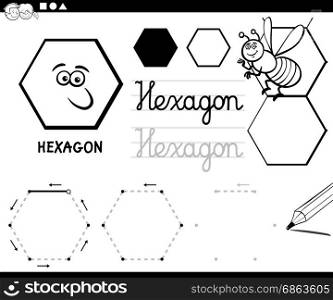 Black and White Educational Cartoon Illustration of Hexagon Basic Geometric Shape for Children Coloring Page