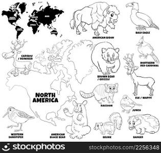 Black and white educational cartoon illustration of North American animal characters set and world map coloring book page