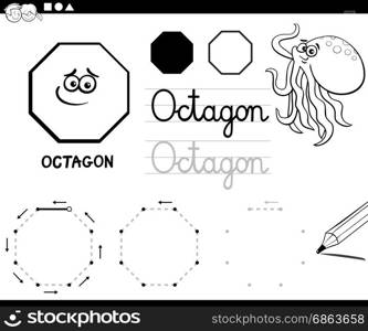 Black and White Educational Cartoon Illustration of Octagon Basic Geometric Shape for Children Coloring Page