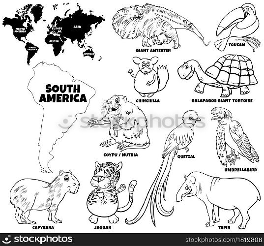 Black and white educational cartoon illustration of South American animal characters set and world map with continents shapes coloring book page