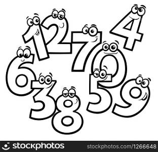 Black and White Educational Cartoon Illustrations of Funny Basic Numbers Characters Group Coloring Book Page