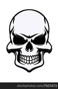 Black and white eerie human skull, eerie frontal view for halloween, horror, death or piracy themes design. Black and white eerie human skull
