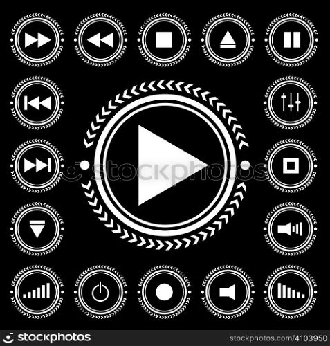 Black and white electronic control icon buttons with arrow border
