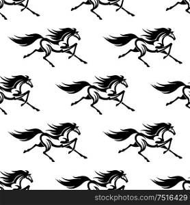 Black and white equestrian background for sporting or interior accessories design with seamless pattern of graceful prancing horses. Black and white horses seamless pattern