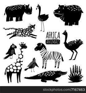 Black and white exotic animals vector collection. Animal silhouette hippopotamus and crocodile, bird and cheetah illustration. Black and white exotic animals vector collection