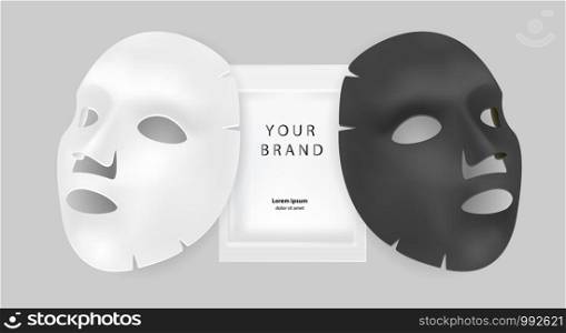 Black and white facial mask cosmetics ads. Realistic vector illustration. Package design for face mask isolated on grey background.. Black and white facial mask cosmetics ads.