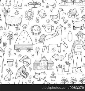Black and white farm seamless pattern with cute animals. Countryside background in cartoon style for coloring page or fabric and textile. Colorful wallpaper for kids. Vector illustration