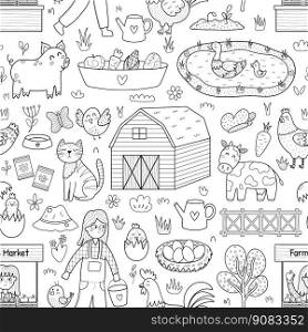 Black and white farm seamless pattern with cute characters. Countryside background in cartoon style for coloring page with cow, ducks, pig, rooster. Vector illustration