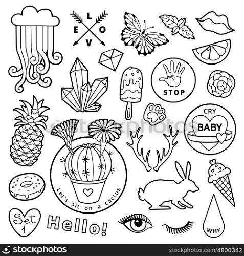 Black and white fashion patch badge elements in cartoon 80s-90s comic style. Set modern trend doodle sketch.. Black and white fashion patch badge elements in cartoon 80s-90s comic style. Set modern trend doodle sketch. Vector clip art illustration isolated.