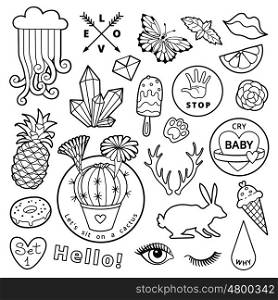 Black and white fashion patch badge elements in cartoon 80s-90s comic style. Set modern trend doodle sketch.. Black and white fashion patch badge elements in cartoon 80s-90s comic style. Set modern trend doodle sketch. Vector clip art illustration isolated.