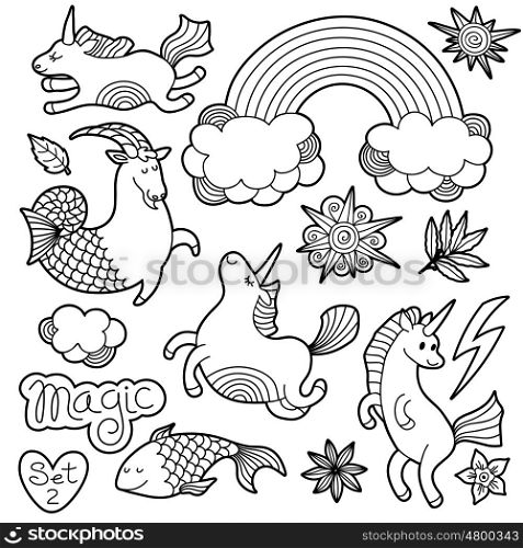 Black and white fashion patch badge elements in cartoon 80s-90s comic style. Set modern trend doodle sketch.. Black and white fashion patch badge elements in cartoon 80s-90s comic style. Set modern trend doodle sketch with rainbow unicorns. Vector clip art illustration isolated.