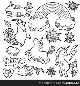 Black and white fashion patch badge elements in cartoon 80s-90s comic style. Set modern trend doodle sketch.. Black and white fashion patch badge elements in cartoon 80s-90s comic style. Set modern trend doodle sketch with rainbow unicorns. Vector clip art illustration isolated.