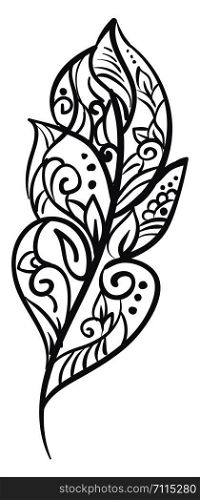 Black and white feather form with leaves drawn inside its vane., vector, color drawing or illustration.