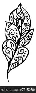 Black and white feather form with leaves drawn inside its vane., vector, color drawing or illustration.
