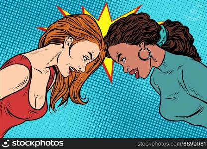 Black and White female standoff. Political and social conflict. Racial discrimination. National intolerance. Pop art retro vector illustration. Black and White female standoff