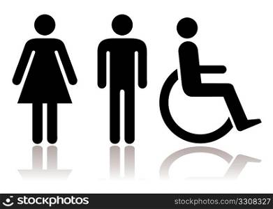 Black and white figures male female and disabled with shadow