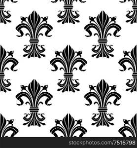 Black and white fleur-de-lis ornament with seamless pattern of elegant iris buds and curved leaves gathered and tied in bunches. For heraldic theme, fabric or interior design . Seamless pattern of black fleur-de-lis flowers