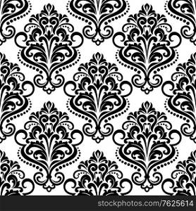 Black and white floral seamless pattern background with arabesque elements in damask style for wallpaper or fabric design. Damask seamless floral pattern